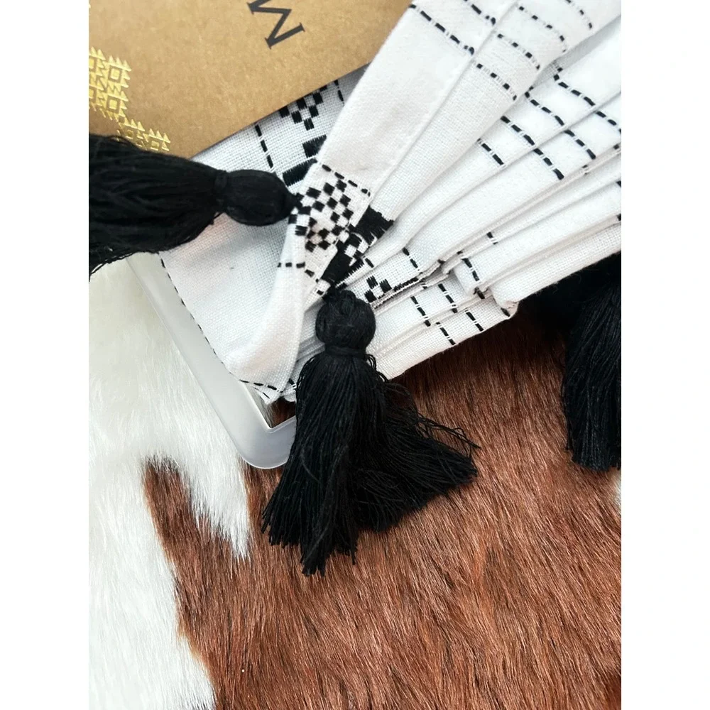 Maaya Boho‎ Embroidered Tassel Shower Curtain White Black Geometric